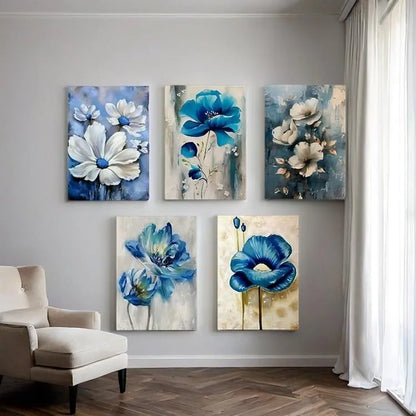 Set of 5 Blue Floral Wall Art Frames for Home Decor