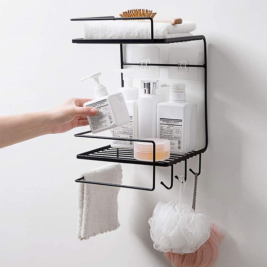 Black Wall Mounted Bathroom Storage Rack with Hooks