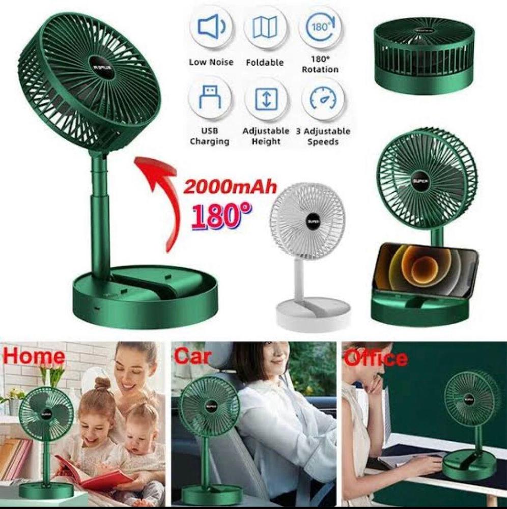 Portable Rechargeable Fan Green 3-Speed Foldable